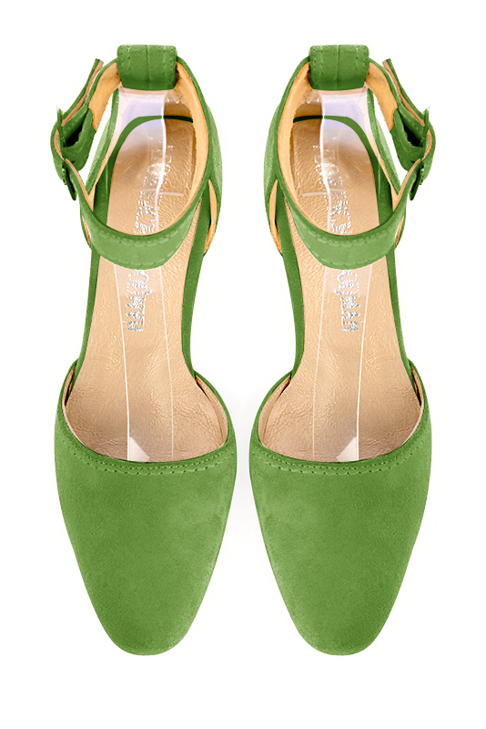 Grass green women's open side shoes, with a strap around the ankle. Round toe. Low flare heels. Top view - Florence KOOIJMAN